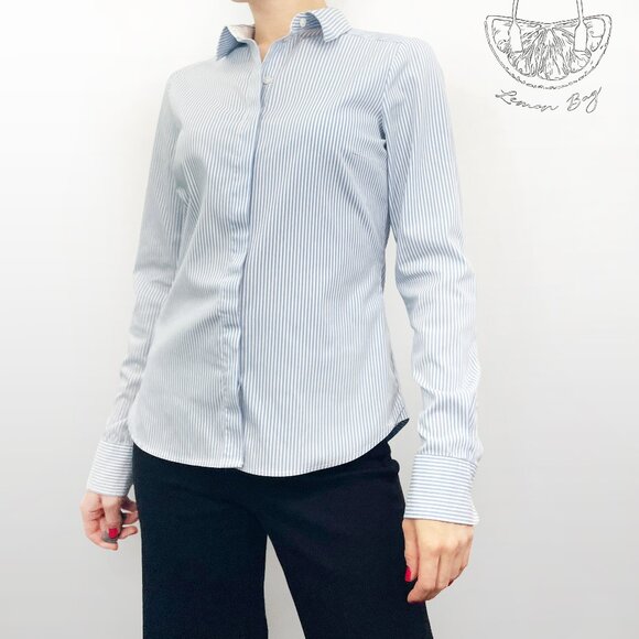 H&M / Fitted Office Button Down Shirt Collar / Blue White Stripes / Size S - Picture 1 of 6